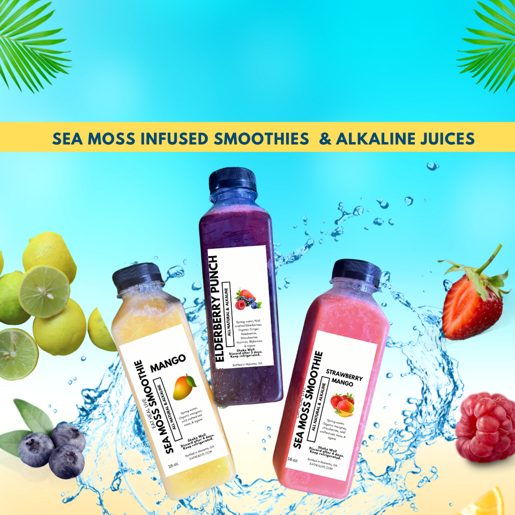 sea moss smoothies, sra moss juices, elderberry punch, strawberry mango, sea moss infused